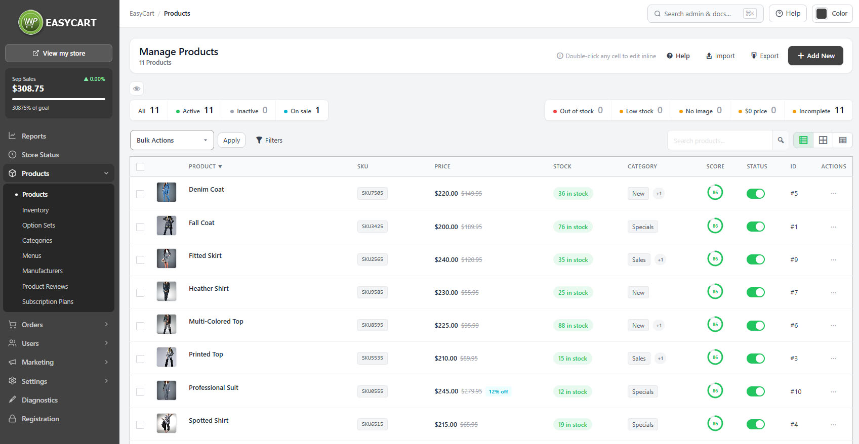 Products, showing the catalogue list with completeness, price and stock columns.