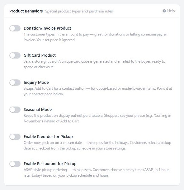 Type & Behavior › Product Behaviors, with the Inquiry, Seasonal, Preorder and Restaurant switches.