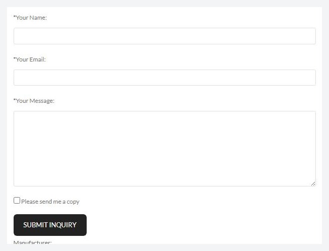 An inquiry-mode product page, showing the name, email and message form.