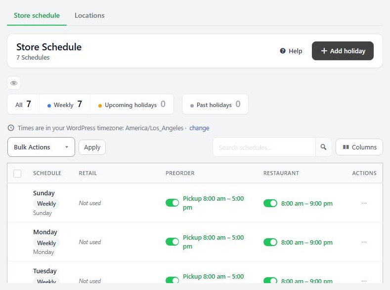 Settings › Schedule & Locations, the store schedule with its weekly rows.