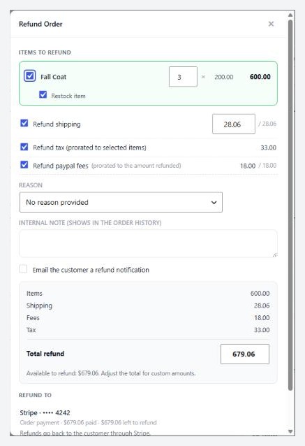 The refund drawer on an order, with items, shipping, tax and the total. Dev3 needs a paid order to open it.