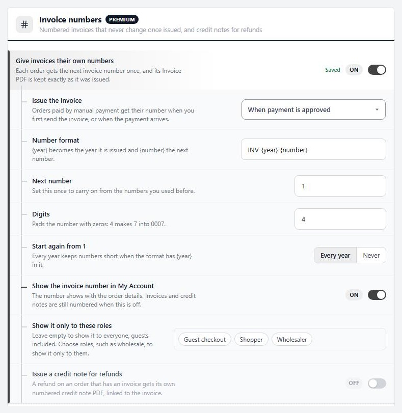 Settings › Documents › Invoice numbers, with credit notes switched on.