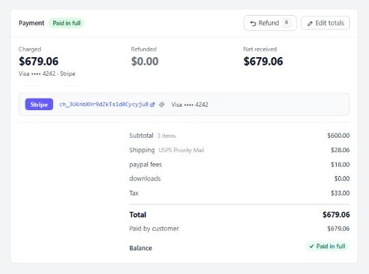 The Payment area of an order, with the Refund button.
