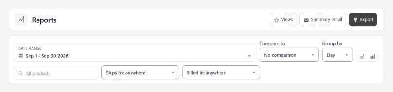 EasyCart › Reports, the toolbar with the date range, Compare to and Group by.
