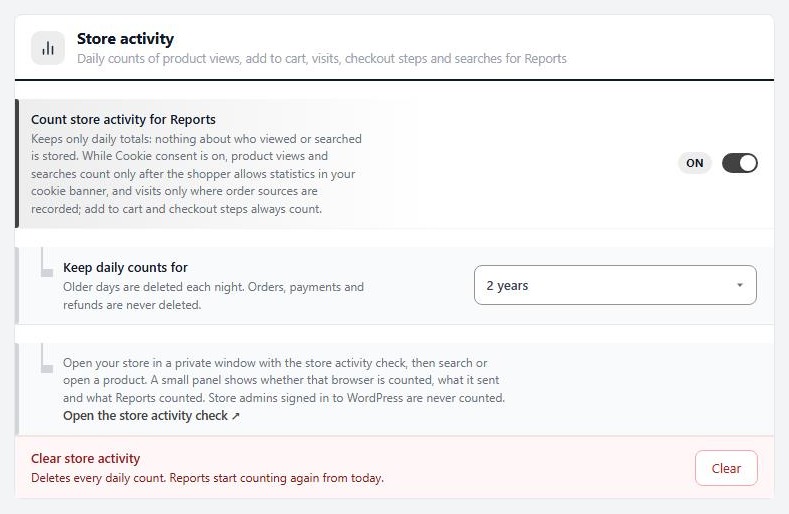 Settings › Integrations › Store activity.
