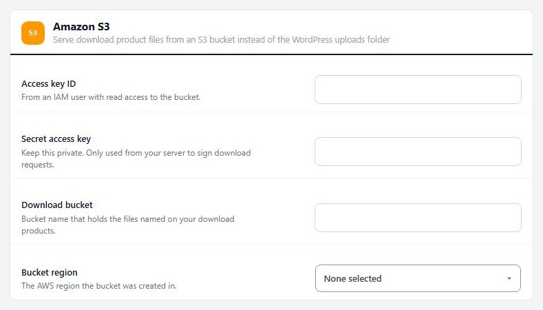Settings › Integrations › Amazon S3, before any keys are entered.