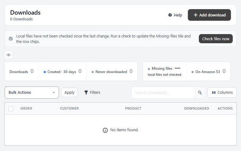 Orders › Manage Downloads, with no purchased files yet.