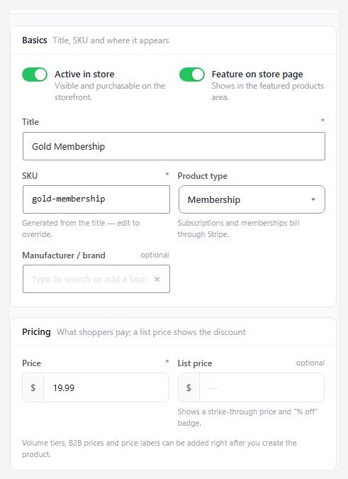 Products › Add New, with the Membership product type chosen.
