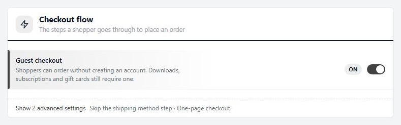 Settings › Checkout › Guest checkout. Turn it off when access comes from a one-time purchase.