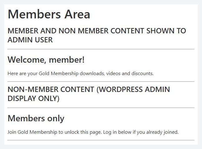 The published Members Area page, previewed by an administrator.