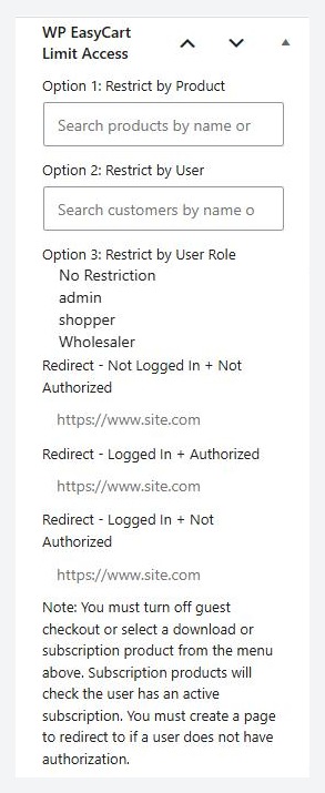The WP EasyCart Limit Access box in the page editor sidebar.
