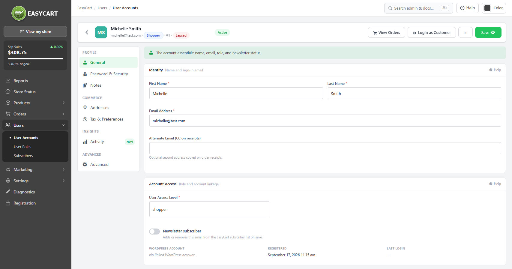 Users › Customers, showing the list with role, newsletter status and last login.