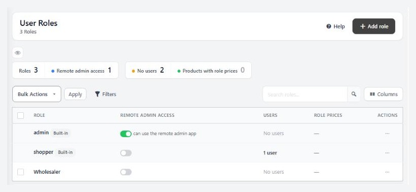 Users › User Roles, the list of roles.