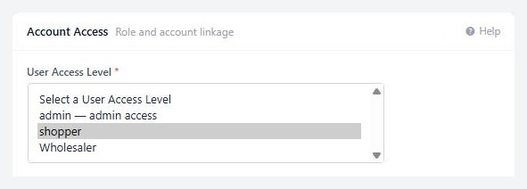 A customer record, General tab, Account Access with the User Access Level list.