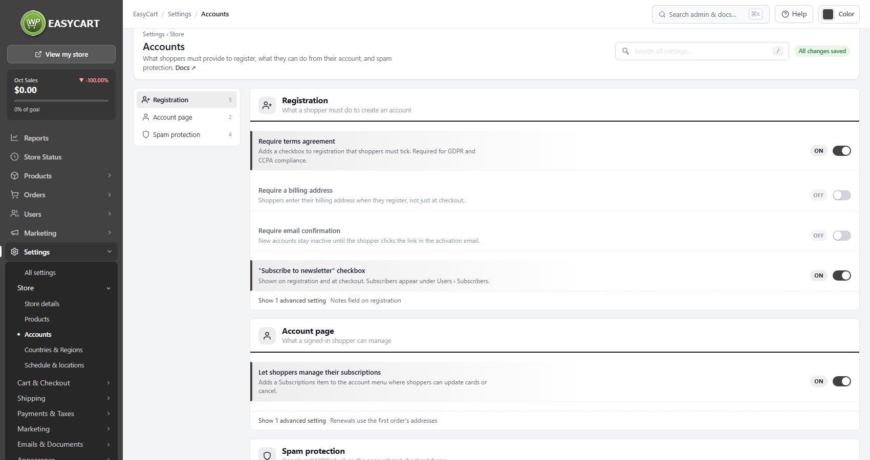 Settings › Accounts, opening on the Registration section.