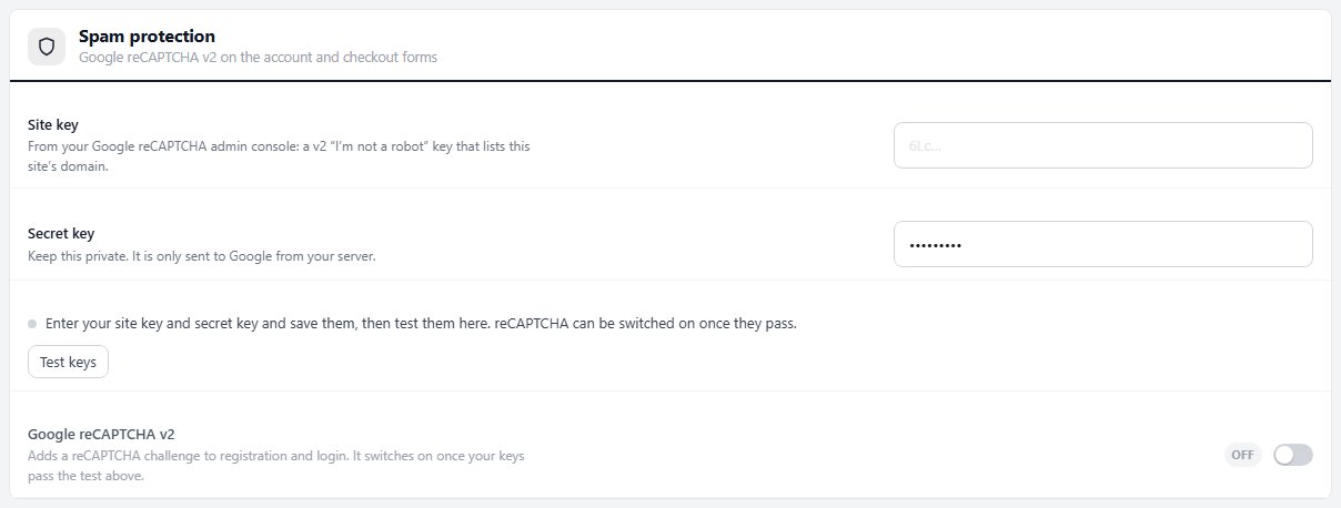 Spam protection: the two keys, the Test keys row and the reCAPTCHA switch, which stays off until the keys pass.