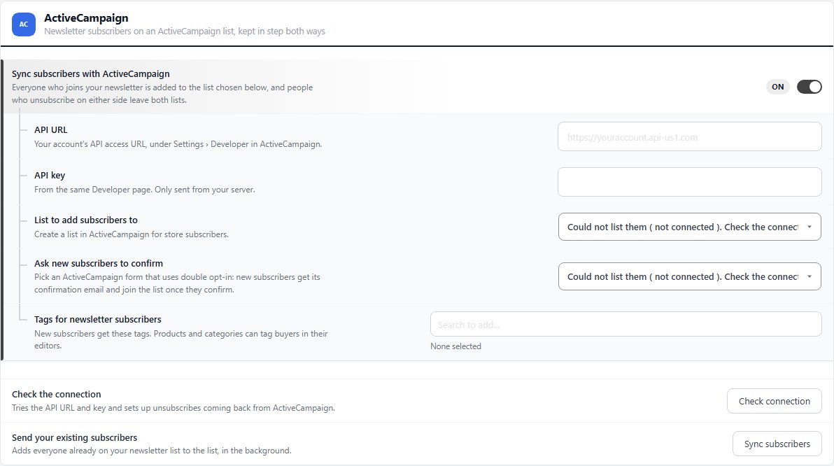 The ActiveCampaign section on Settings, Marketing, Email marketing