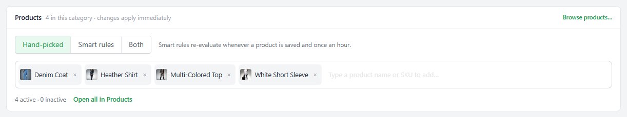 The Products card: Hand-picked, Smart rules or Both, with the chosen products as chips.