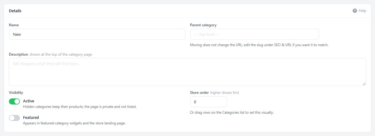 The category editor’s Details card: name, parent, description, visibility and store order.