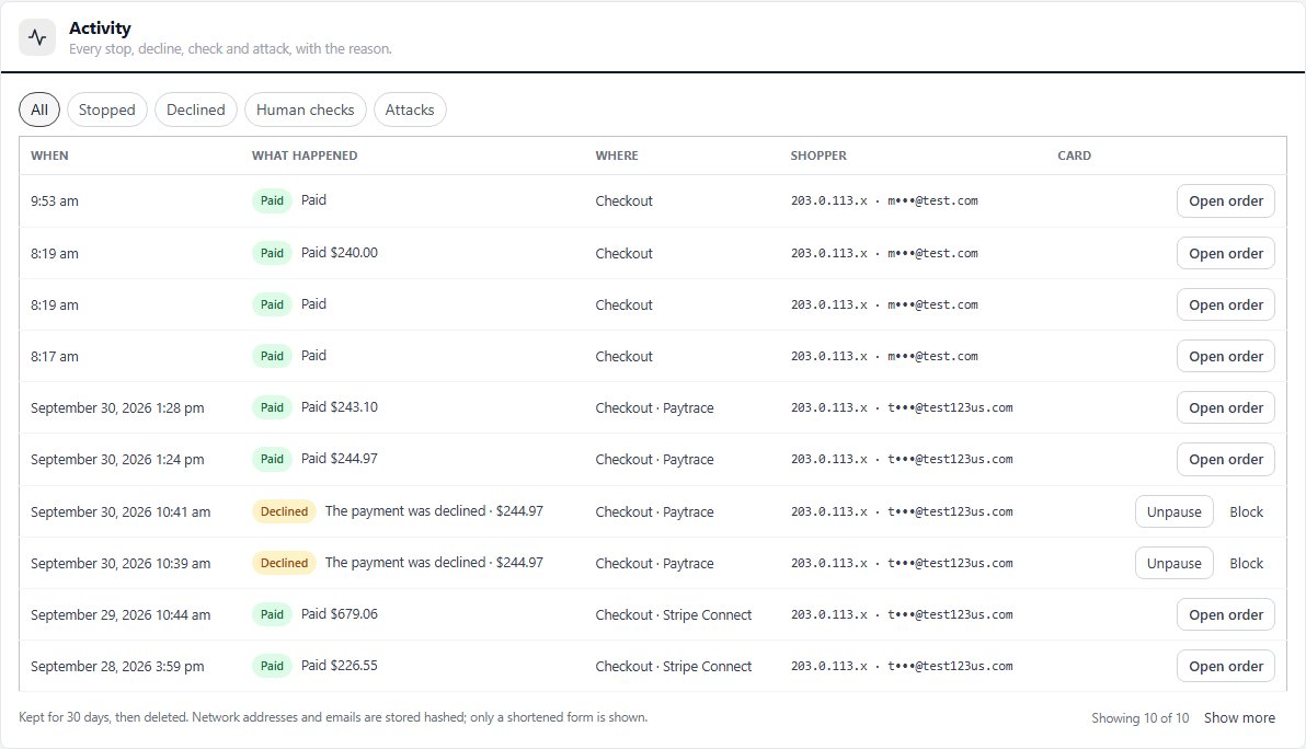 The Activity list with paid and declined payments and their actions.