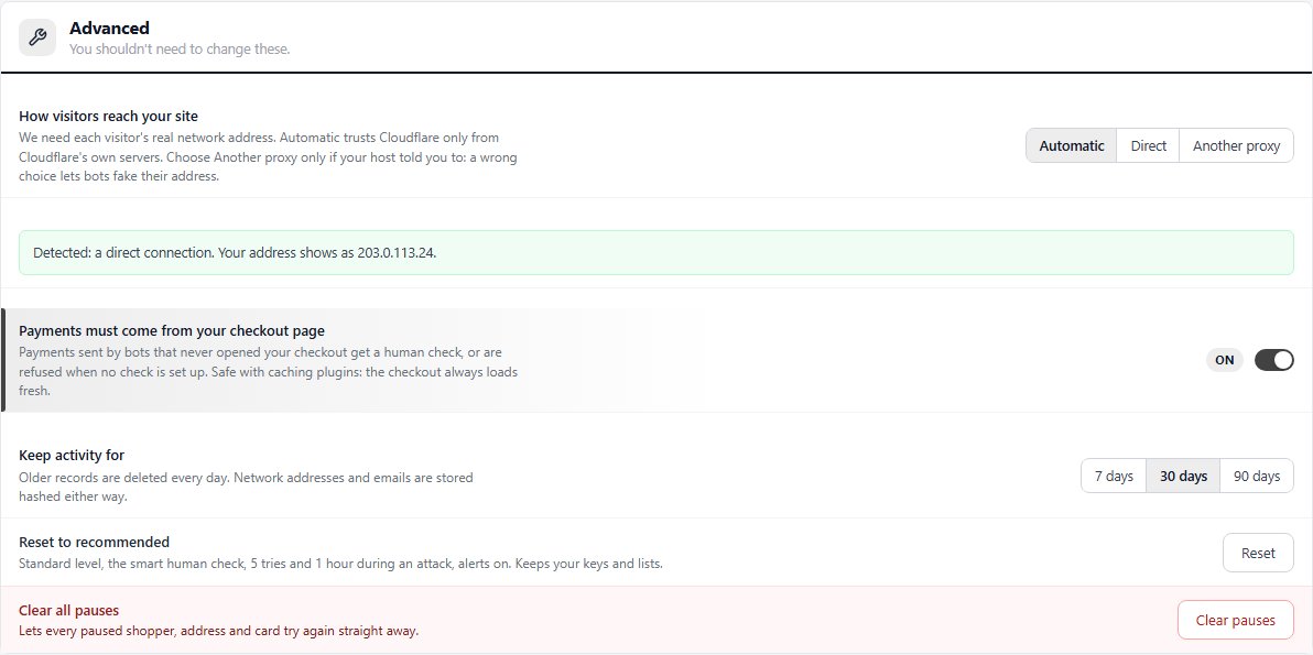The Advanced card: proxy detection, the checkout page rule, retention and the two reset actions.