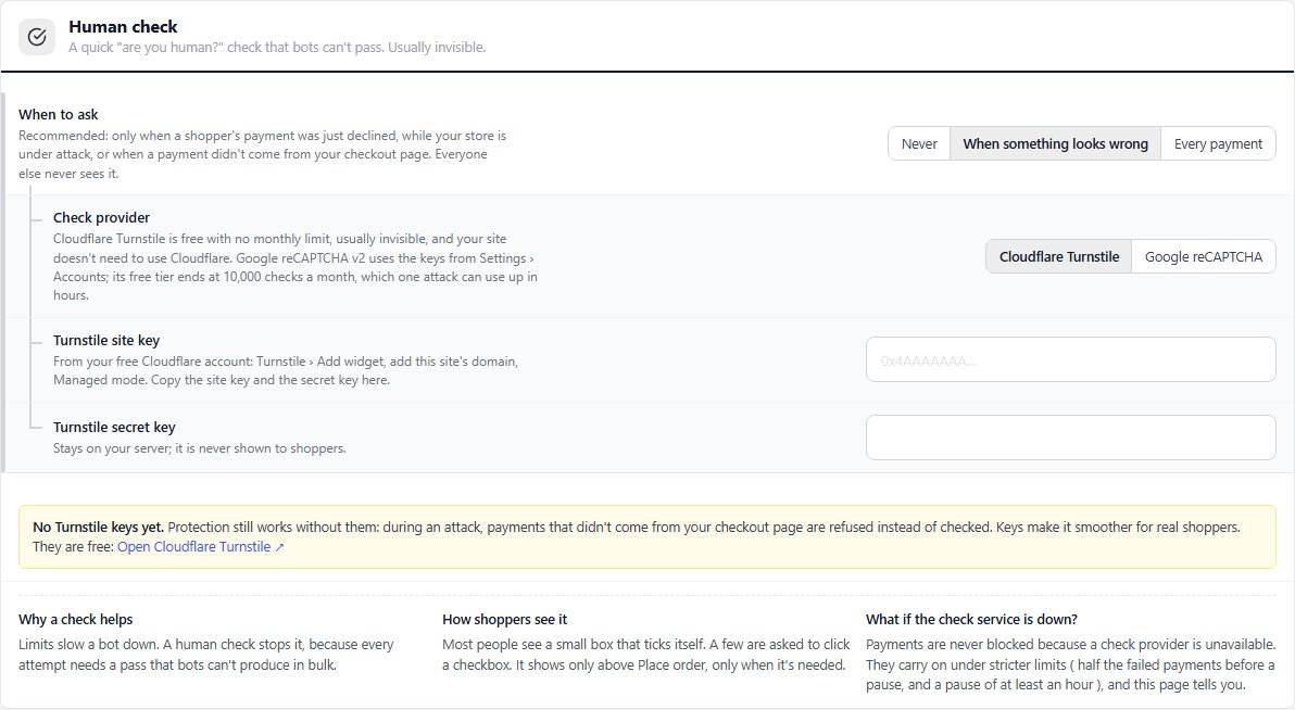The Human check card with Cloudflare Turnstile chosen and no keys saved yet.