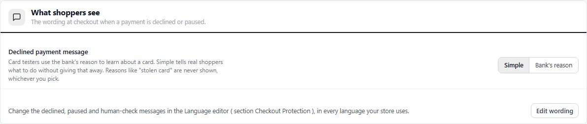 What shoppers see, with the Simple declined message and the Edit wording button.