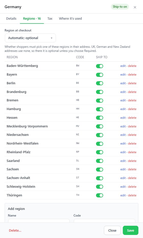 Germany’s Regions tab: Region at checkout set to Automatic: optional, then its regions.