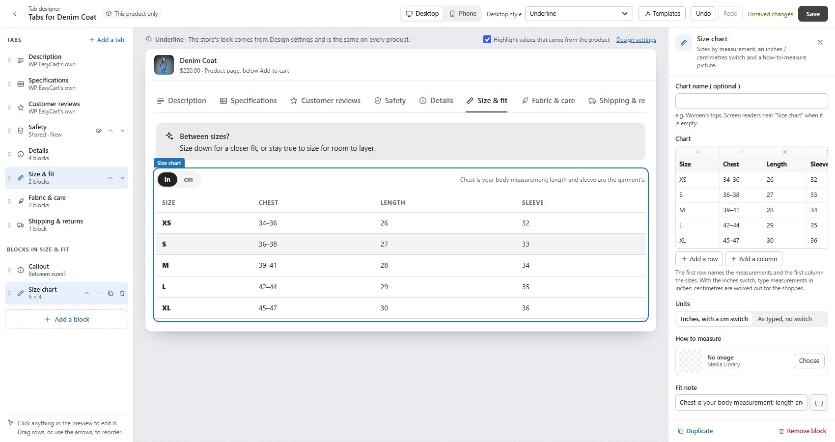 A Size chart block selected: its chart, units and how-to-measure picture on the right.
