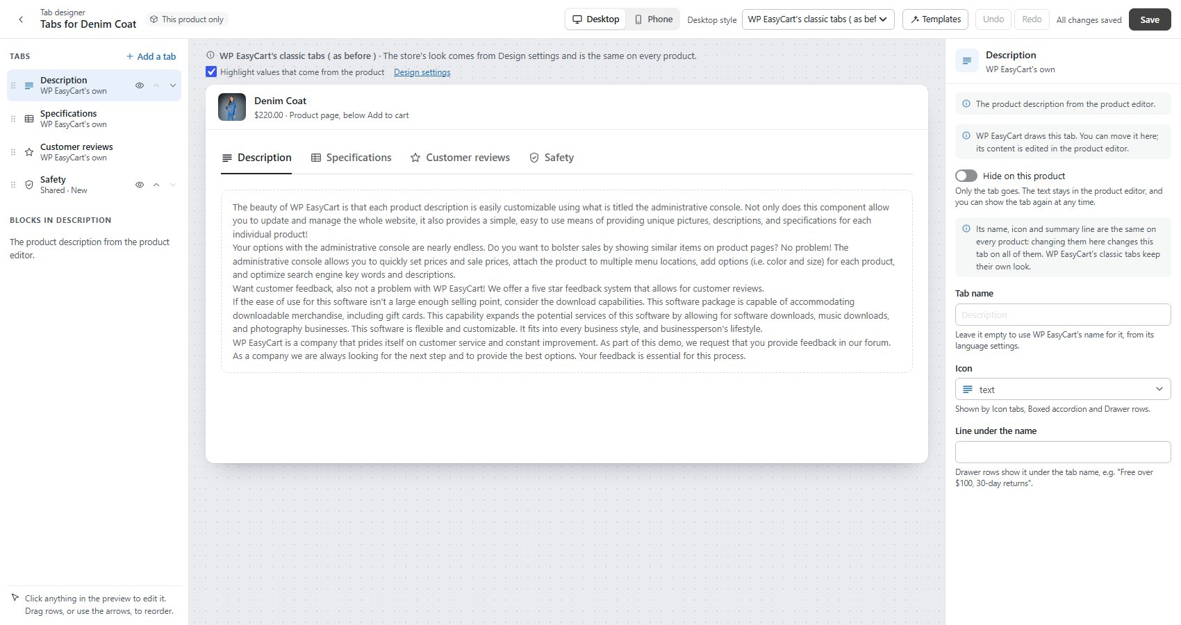 Description selected in the designer, with Hide on this product and the settings shared by every product.