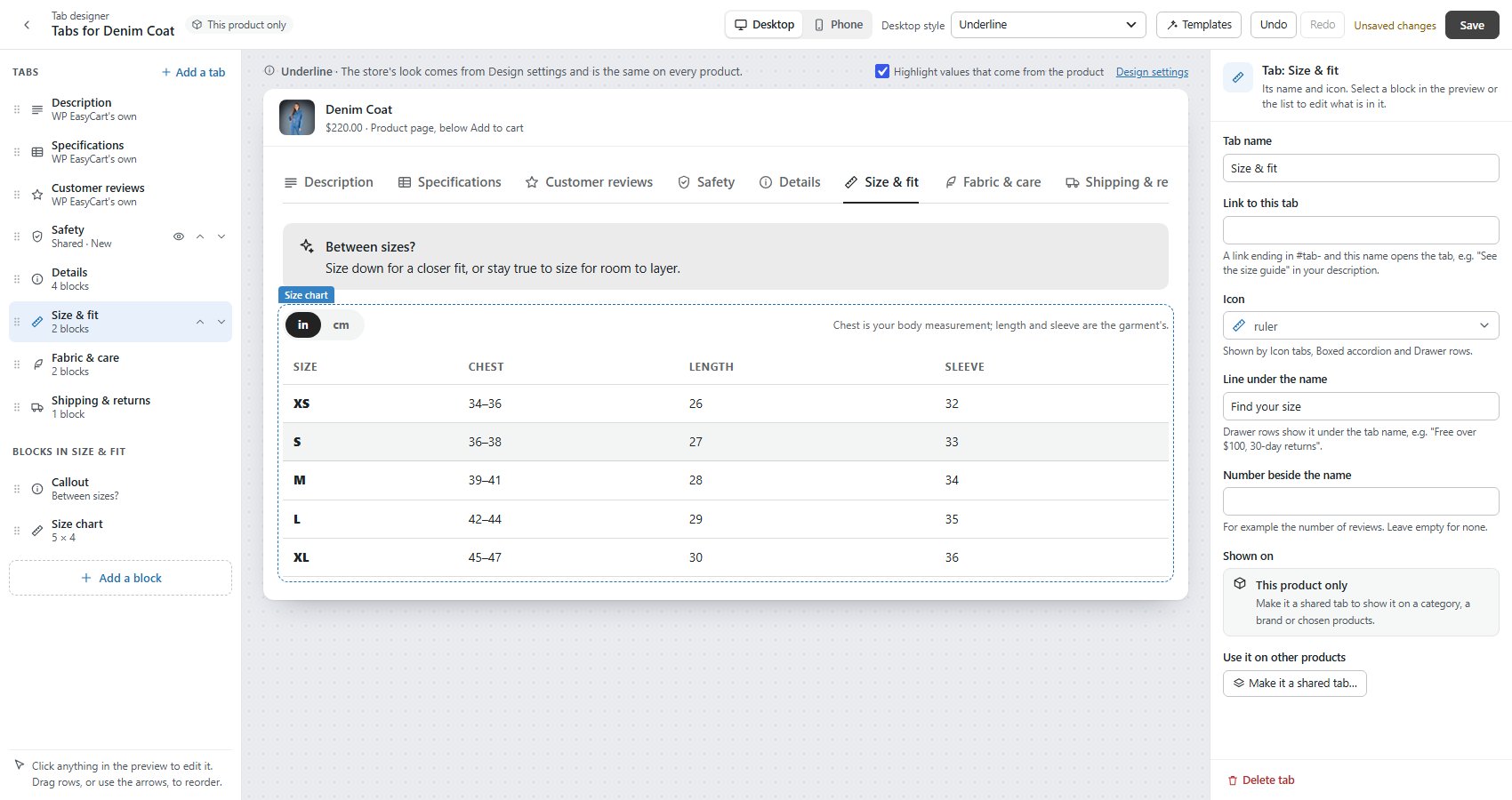 The tab designer with a template loaded: tabs and blocks on the left, the preview, and the Size & fit tab’s settings.
