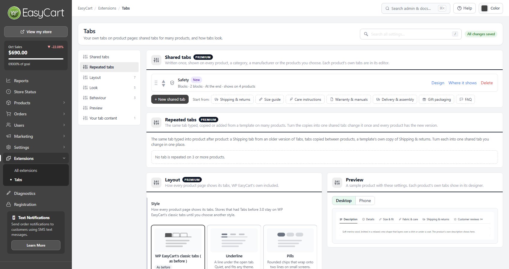EasyCart › Extensions › Tabs, with one shared tab and the start of the Layout settings.
