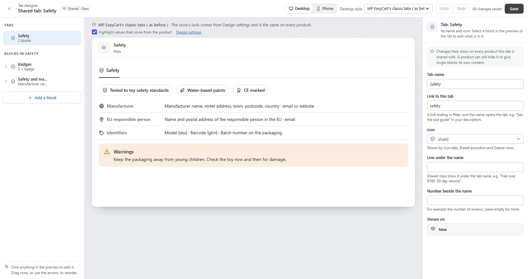 A shared tab open in the designer.