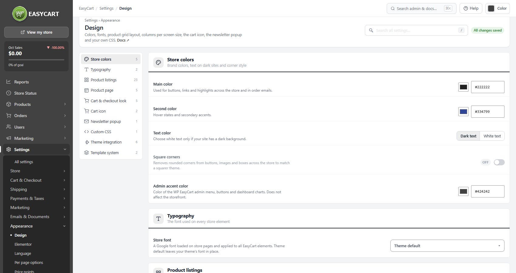 Settings › Design with the EasyCart menu, open on Store colors.