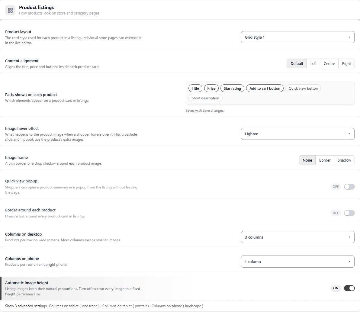 The Product listings section: card layout, the parts shown on each product, hover effect and columns.