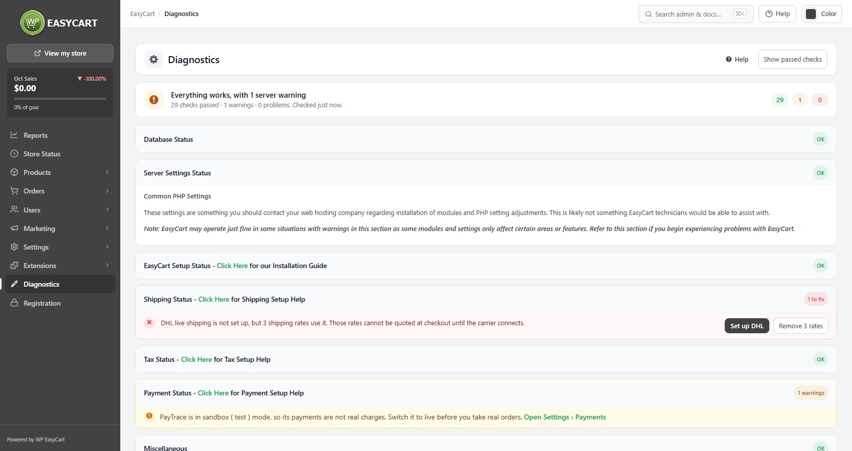 EasyCart › Diagnostics, with the summary banner and the check cards.