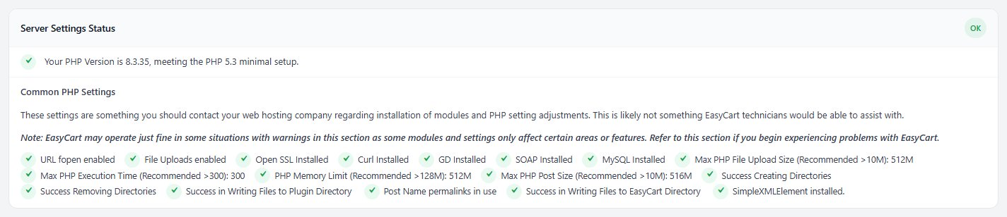Server Settings Status, with the PHP extensions and limits your host sets.