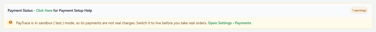 A payment warning: a gateway still in sandbox mode.