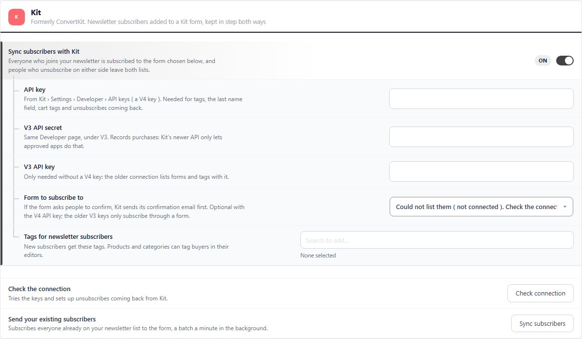 The Kit section switched on, showing the V4 API key, the V3 secret and key, the form and tags.