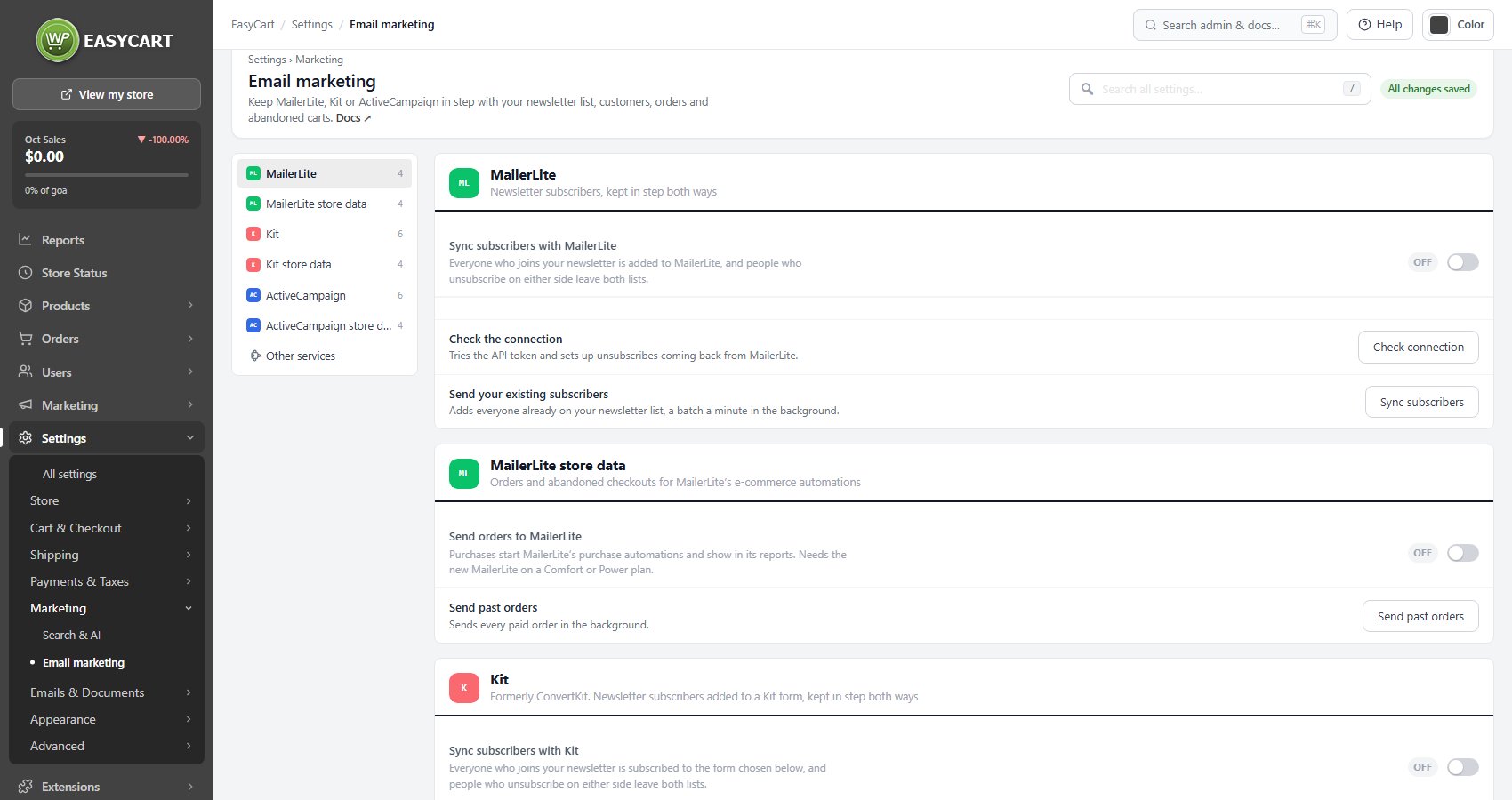 Settings › Marketing › Email marketing, opening on MailerLite.