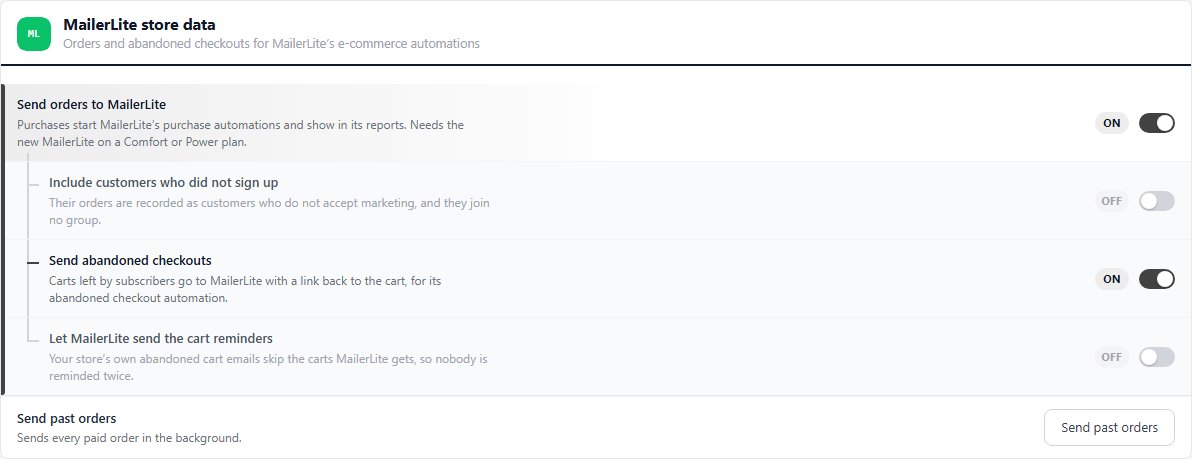 MailerLite store data with orders and abandoned checkouts switched on.