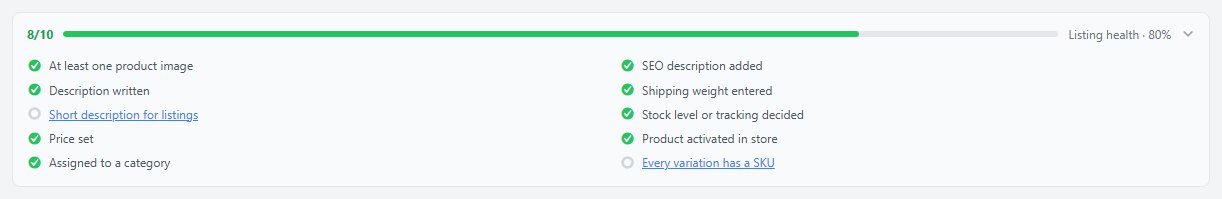 Listing health opened, showing the checklist and what is still missing.