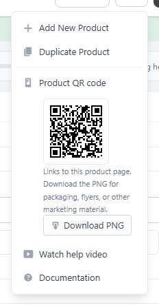 The More actions menu, with the product QR code opened.