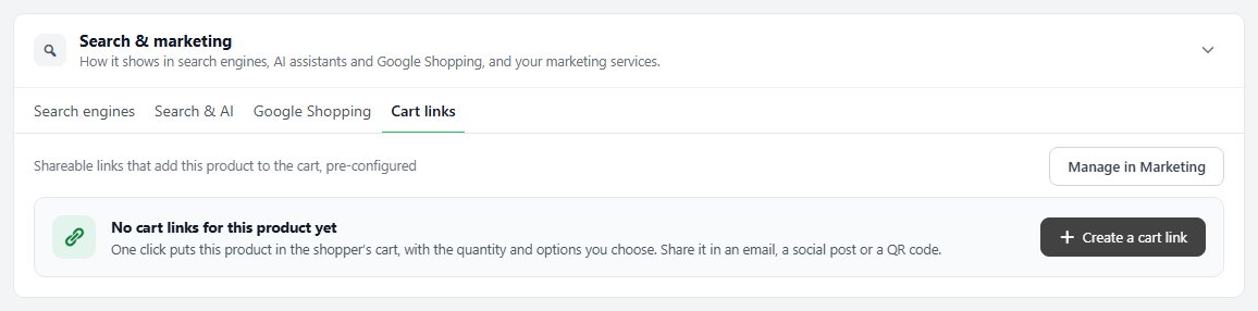 A product’s Search & marketing section, open at the Cart links tab.