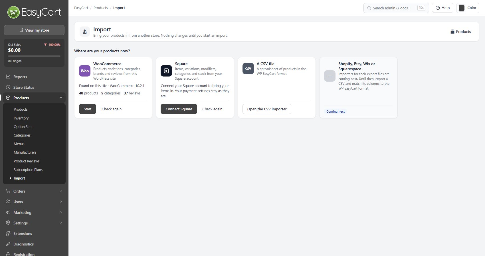 EasyCart › Products › Import, with the WooCommerce card ready to start.