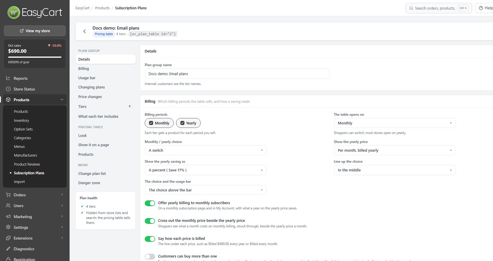 A pricing table in its editor: Details and Billing, with The choice and the usage bar.