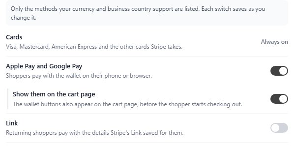 Stripe’s Payment methods tab: Apple Pay and Google Pay, Show them on the cart page, and Link.