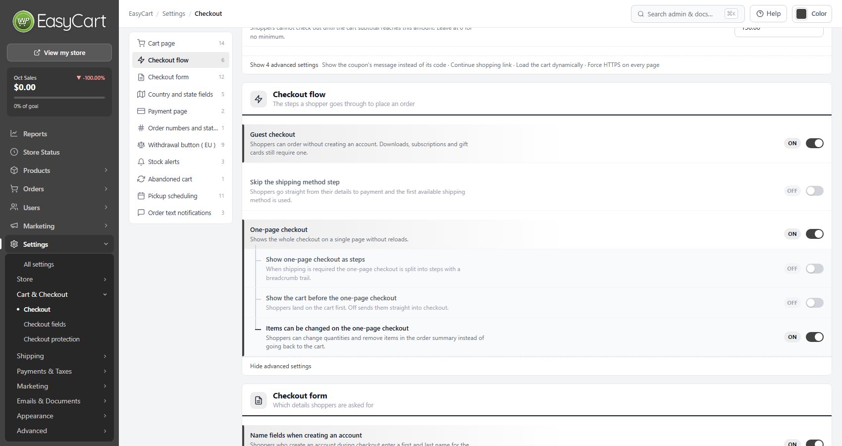 Settings › Checkout with the EasyCart menu, at the Checkout flow card.