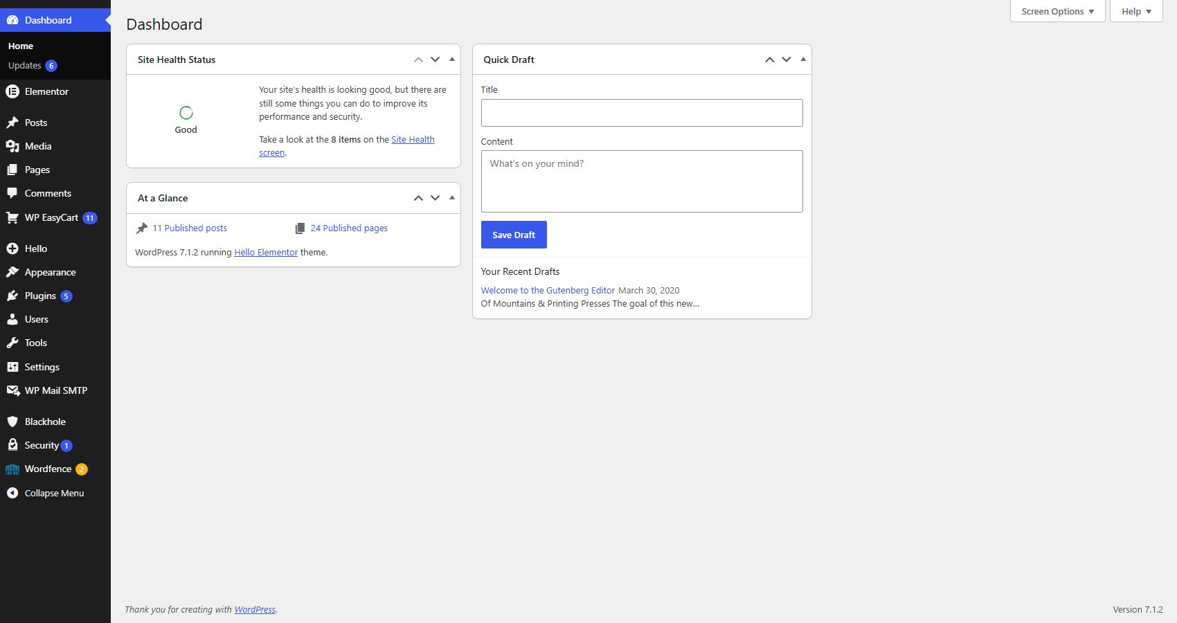 The WordPress Dashboard after you log in, with the admin menu on the left.