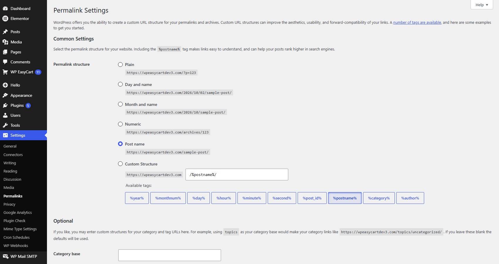 Settings › Permalinks with Post name selected.